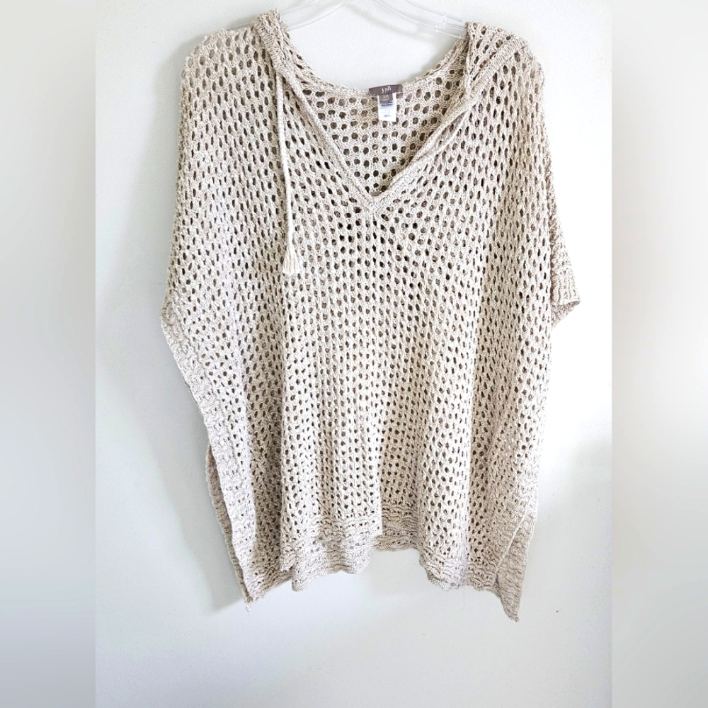 J. Jill Oatmeal Open Weave Hooded Poncho Style Top Oversized
